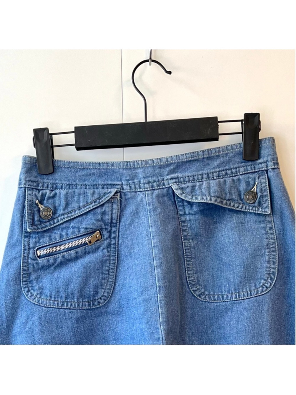Vintage 70s A-Line Denim Midi Skirt Utility Pockets, Adjustable Waist 26-27” (S) - Picture 9 of 10